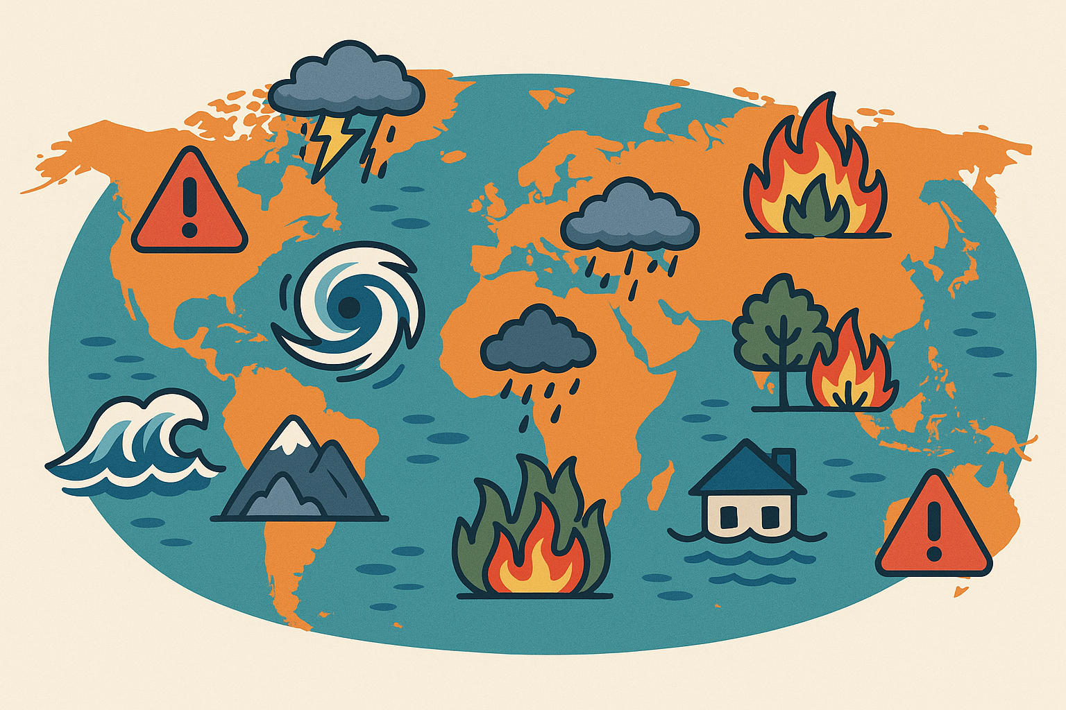 Mapa del mundo con iconos de tormentas, inundaciones e incendios en distintas regiones